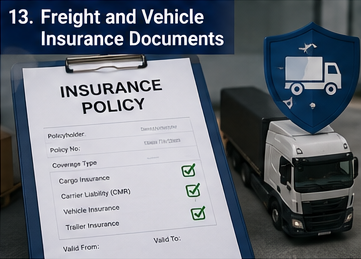 Documente de asigurare pentru marfă și vehicule folosite în transportul logistic pentru a proteja marfa, camioanele și transportatorii